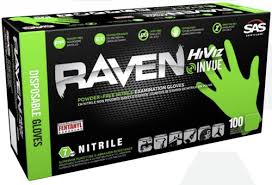 RAVEN HI-VIZ NITRILE EXAM GLOVES, POWDER-FREE, NEON GREEN, 7 MIL THICKNESS.